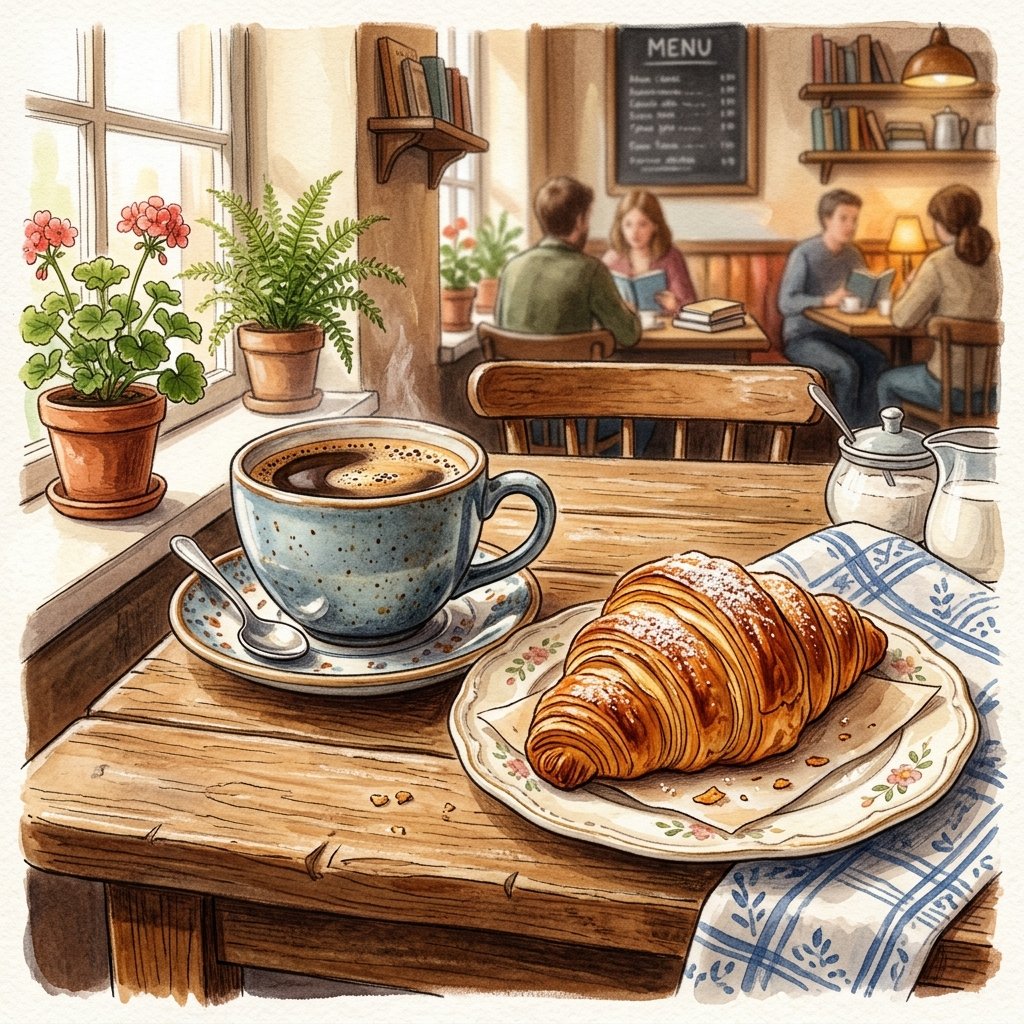 Coffee Cup and Croissant Drawing Idea