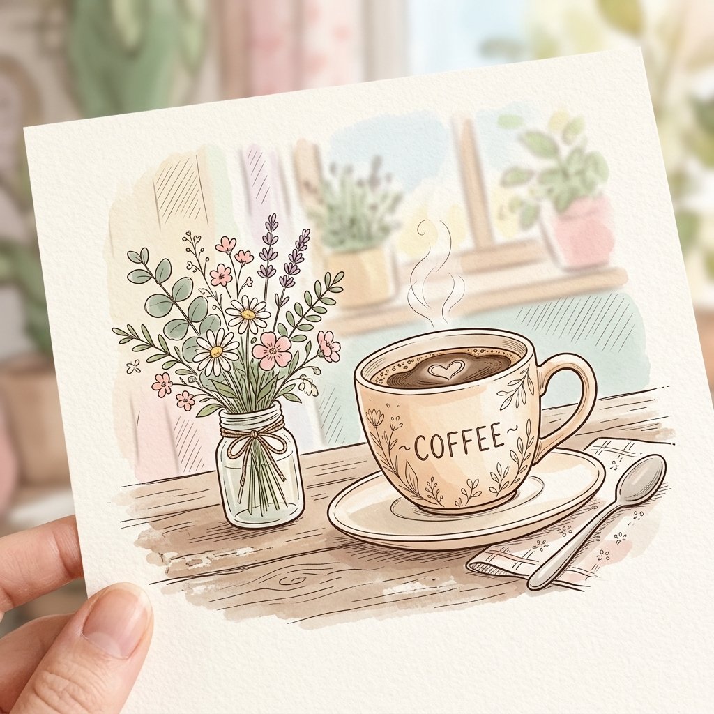 Coffee Cup and Flowers Drawing Idea