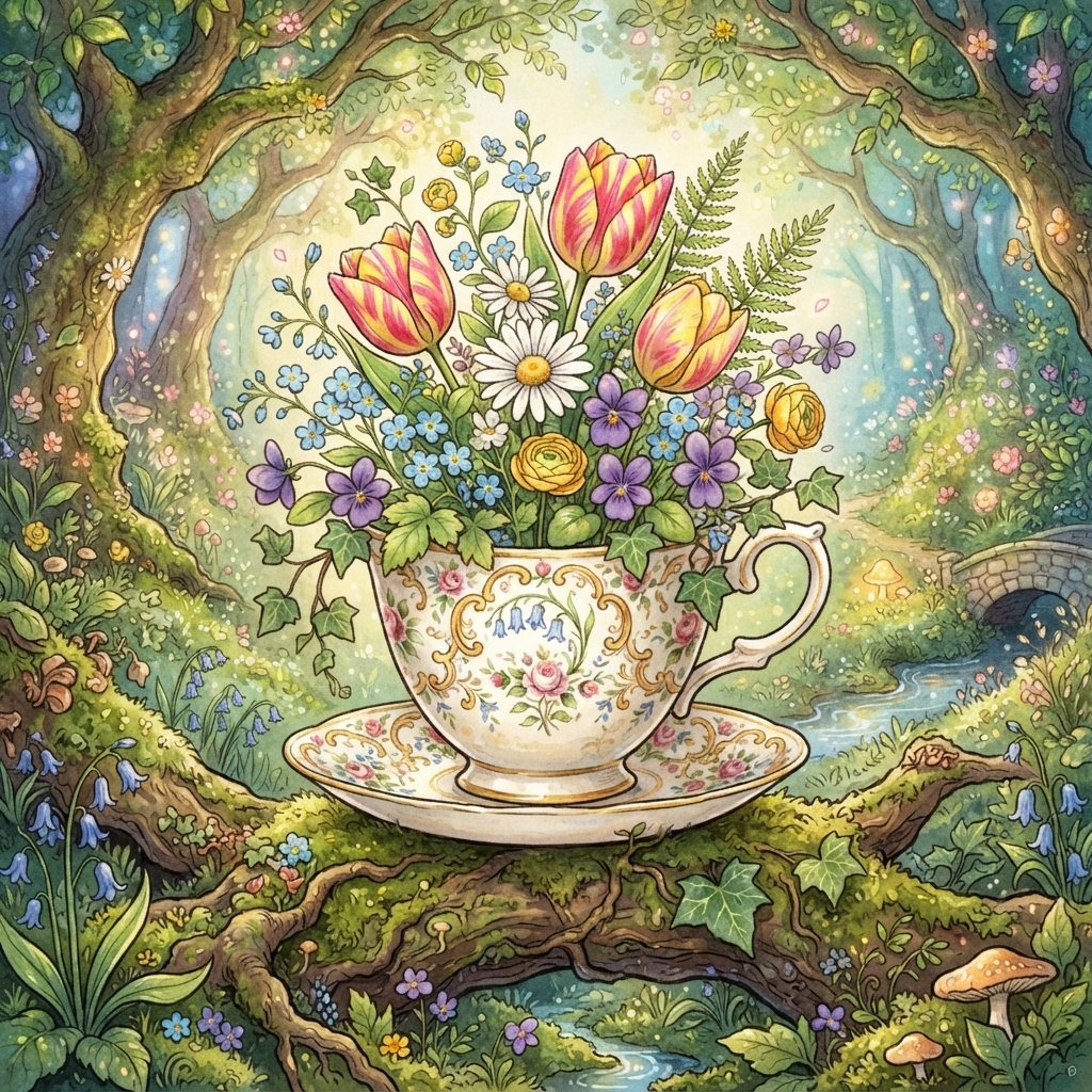 Tea Cup with Flowers Drawing Idea